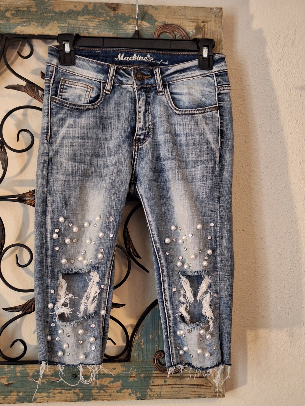 Machine Light Blue Distressed Pearl-Embellished Cropped Jeans. Size 26